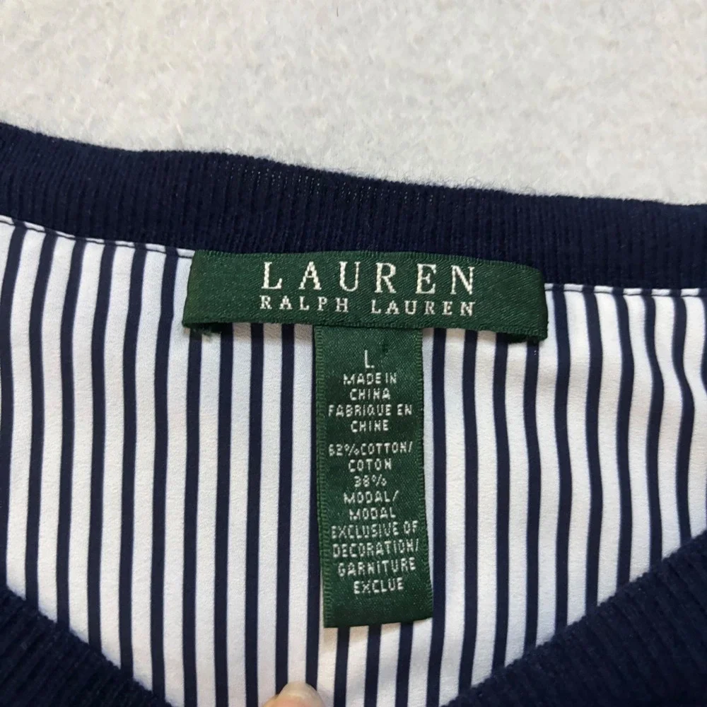 Lauren Ralph Lauren Navy Blue Striped Layered Mixed Media Sweater Top Large - Picture 2 of 7